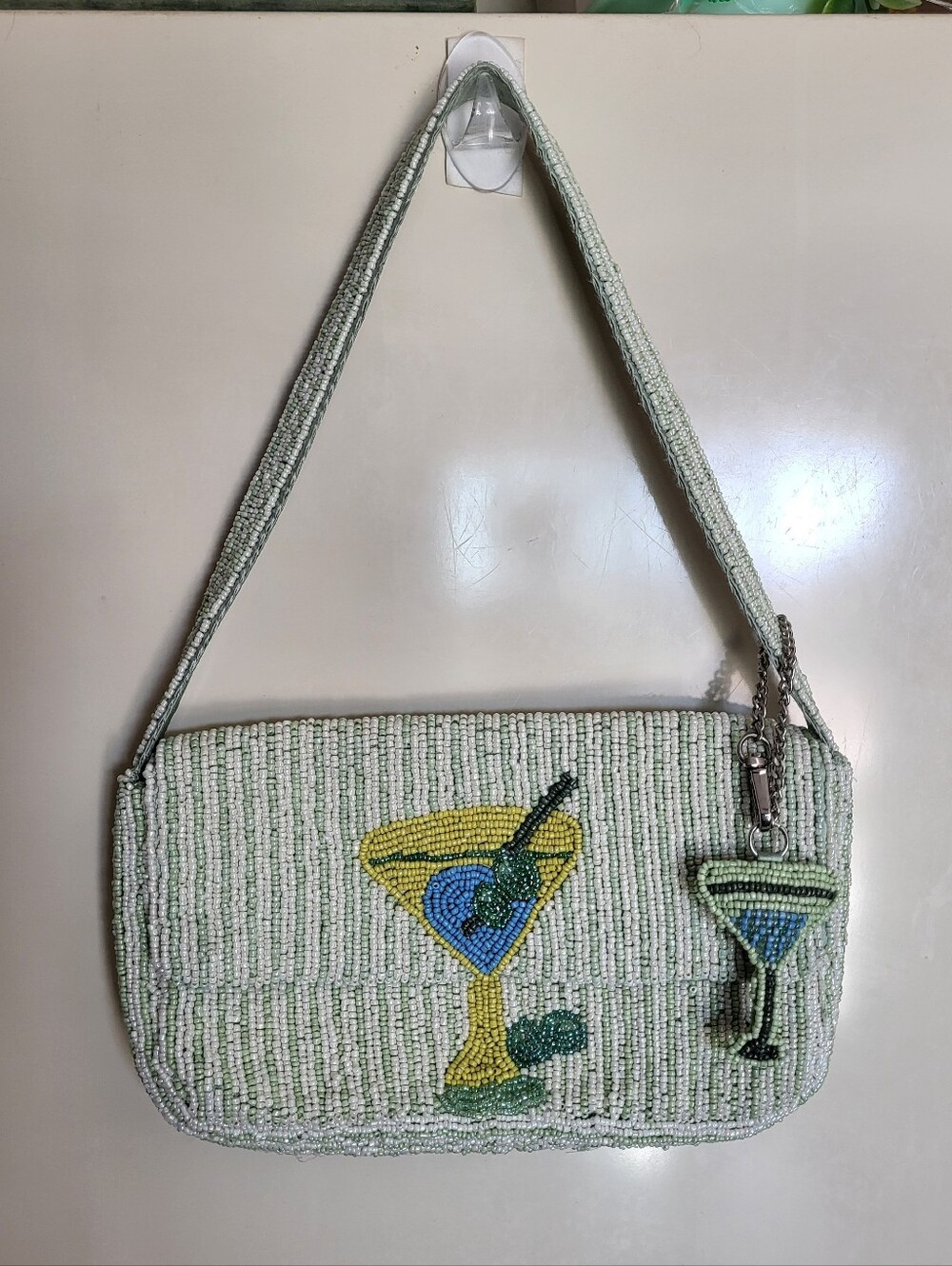 Beaded Martini Appliqué Shoulder Bag in Light Green